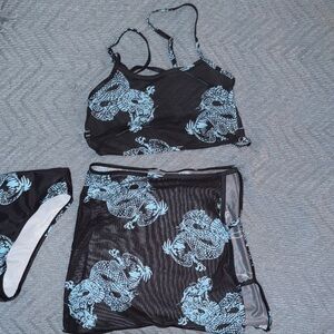 Dragon Print Black and Blue coverup Set and bathing suit bottoms